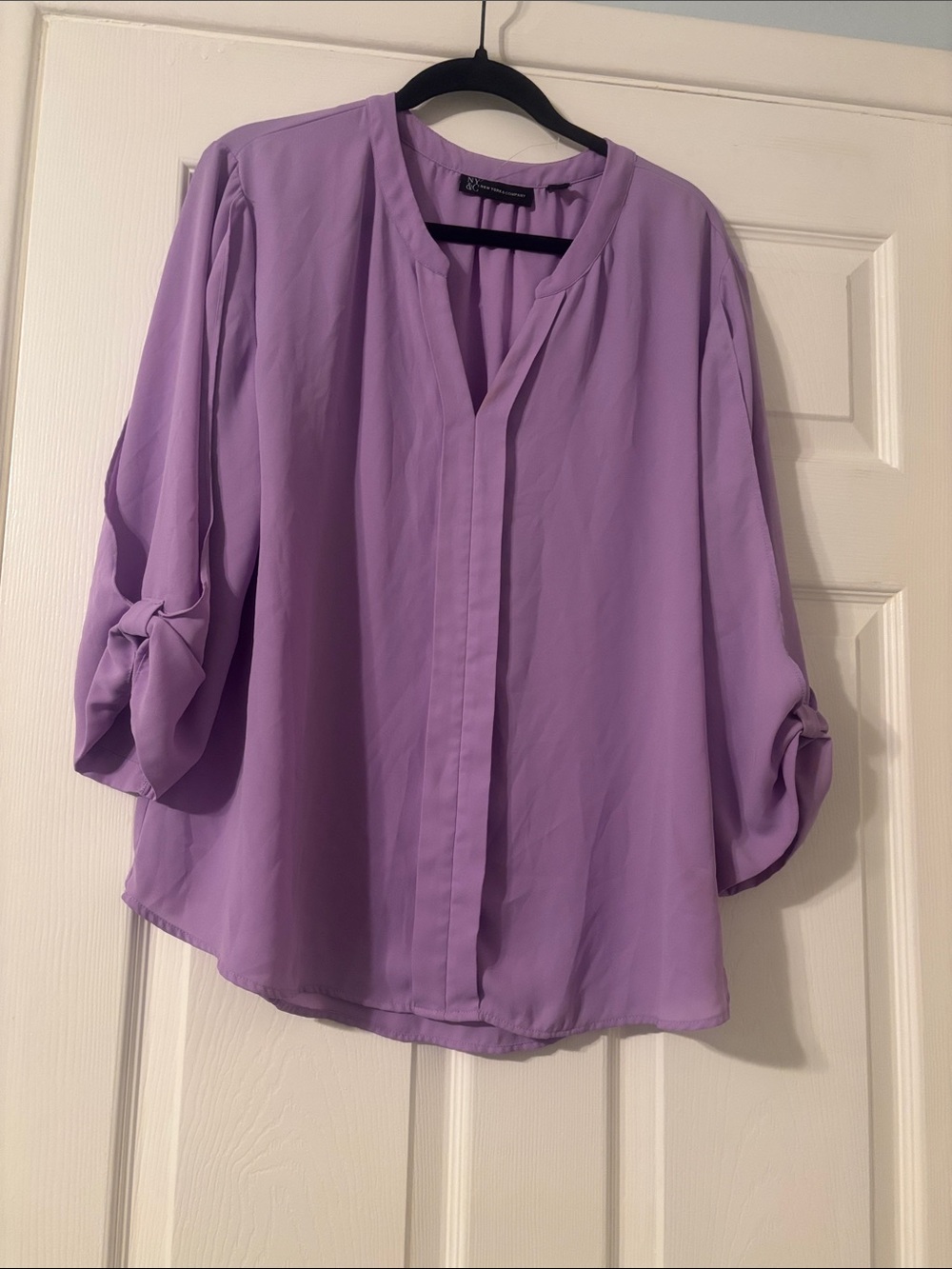 New York & Company Lavender Roll-Tab V-Neck Blouse